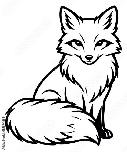 Hand drawn line art illustration of a fox depicting a friendly sitting pose for wildlife themes
