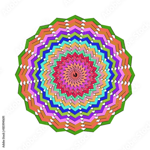 Rainbow Chevron Mandala with Green Outer Border, Vibrant Symmetric Circular Design Vector Illustration