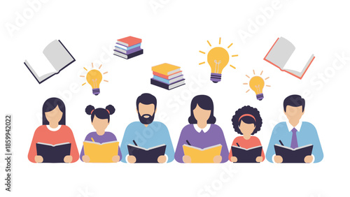 Diverse group of people reading books and gaining knowledge.