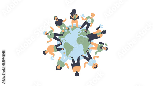Diverse group of people united around the globe illustration.