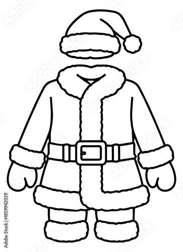 Line art Christmas costume set featuring a hat, coat, mittens, and boots for holiday celebrations