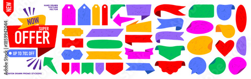 Crayon drawn y2k promo tags, adhesive stickers and price labels for sale design. Funky geometric promo stickers, flags, and tags. Promotional emblem and discount for shops collection.