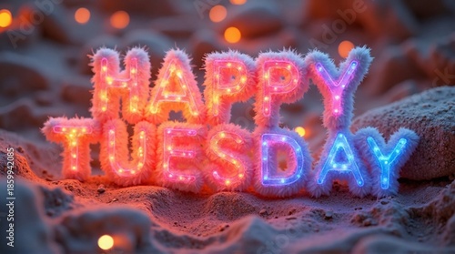 Happy Tuesday Glowing Neon Typography on Sandy Beach Background