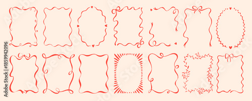 Bachelorette whimsical vintage frames with bows and ribbons. Crayon drawn coquette borders for wedding invitations and party decor. Doodle romantic birthday frames with pencil cute texture.