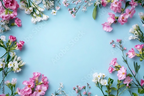 A delicate spring floral arrangement, blooming with pink and white blossoms on a soft pastel blue background, creating a serene and romantic atmosphere.
