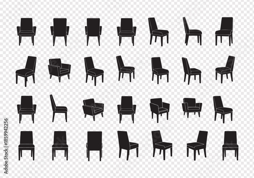 Collection of various modern chair silhouettes isolated on transparent background
