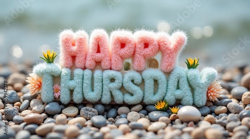 Happy Thursday Moss Typography on Pebble Beach with Small Flowers Illustration