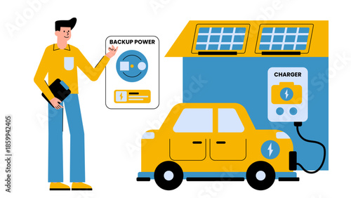 Flat vector illustration of a bidirectional electric vehicle charger supplying backup power to a residential home