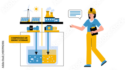 Flat vector illustration of a compressed air energy storage facility for large-scale renewable power management