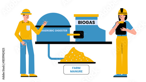 Flat vector illustration showing anaerobic digestion converting farm manure into renewable biogas energy