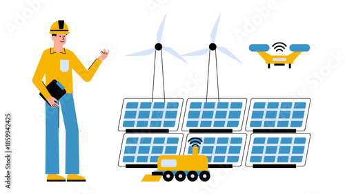 Flat vector illustration of autonomous robots cleaning and maintaining solar panels in a solar farm