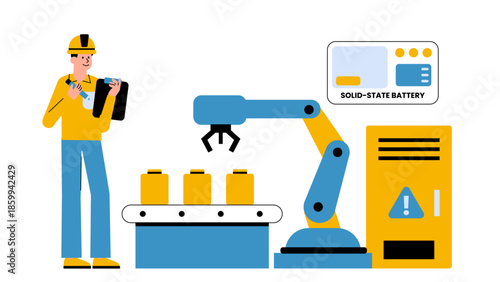 Flat vector illustration of solid-state battery manufacturing for grid-scale energy storage solutions