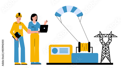 Vector illustration of airborne wind energy systems using kites to generate renewable electricity