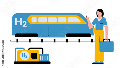 Vector illustration of a hydrogen-powered passenger train operating on a regional rail line