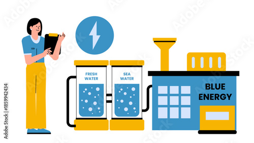 Flat vector illustration of salinity gradient power generation using freshwater and seawater interaction