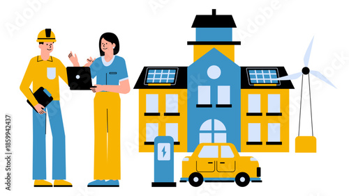 Vector illustration showing retrofit of a historic building upgraded to net-zero energy standards