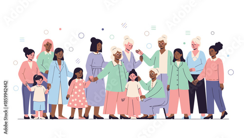 Diverse group of women and girls of different ages and ethnicities standing together.