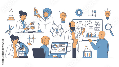 Diverse group of scientists collaborating in a modern laboratory setting.