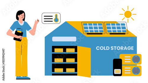 Flat vector illustration of solar-powered cold storage facilities for rural agricultural produce