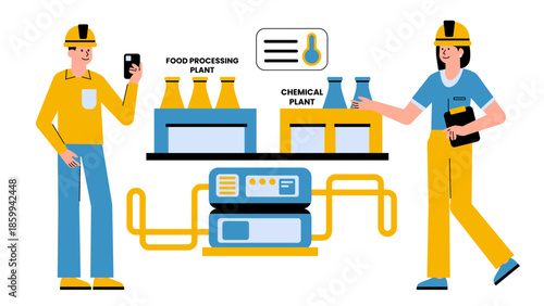 Flat vector illustration of factories sharing waste heat through industrial symbiosis systems