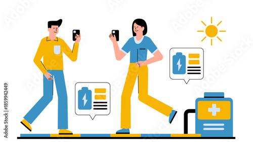 Vector illustration of smart pavement tiles harvesting kinetic energy from pedestrian movement