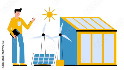 Vector illustration of an earthship home with autonomous energy, water, and food systems