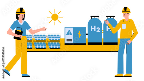 Vector illustration of solar-powered hydrogen production facilities in desert environments