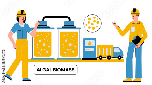 Flat vector illustration of biofuel production using genetically engineered microalgae