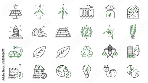 Collection of Simple Line Icons Representing Renewable Energy.