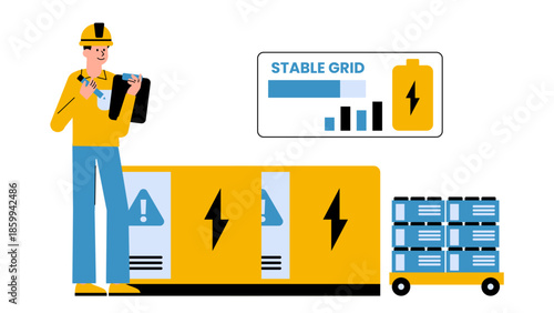 Flat vector illustration showing second-life EV batteries used for grid stabilization