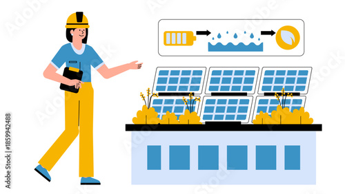 Flat vector illustration of a green roof with native plants integrated with solar panels