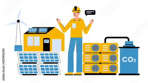 Vector illustration of a direct air capture facility powered by renewable energy sources