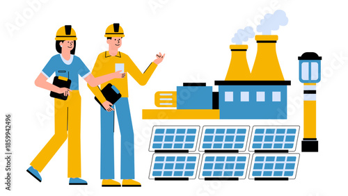 Vector illustration of concentrated solar power systems providing industrial heat solutions