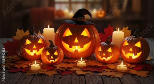 Glowing jack-o-lanterns with carved faces surrounded by lit candles and autumn leaves on a wooden table in a cozy indoor setting.