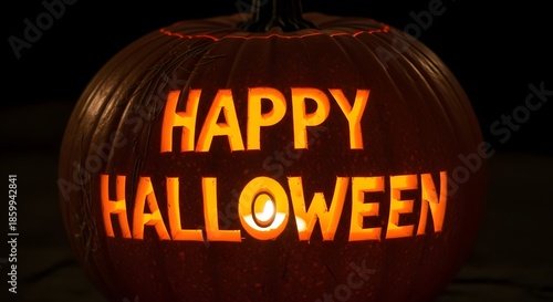 Glowing jack-o-lantern with 'HAPPY HALLOWEEN' carved into it on a dark background