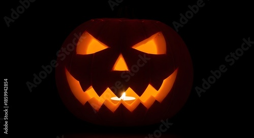 Glowing jack-o-lantern with a spooky face against a dark background