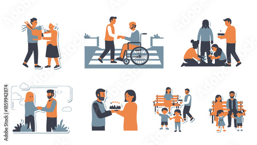 Diverse groups of people engaging in acts of kindness and support.