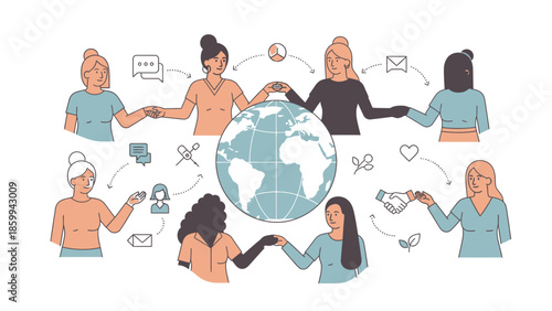 Diverse people connecting around the globe symbolizing unity and collaboration.