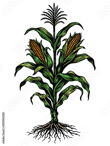 A whole corn plant showing roots stalks and ripe cobs.