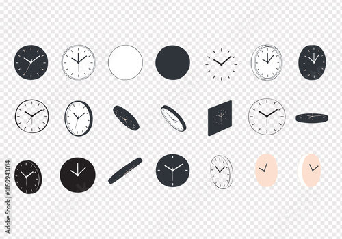 Collection of various clock icons and designs isolated on transparent background