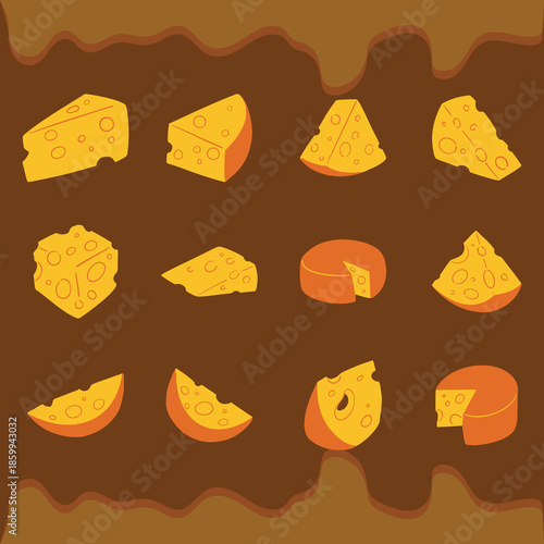 A flat elements collection featuring assorted cheese types like cheddar, mozzarella, gouda, parmesan, and Swiss cheese. Perfect for food designs, menus, cooking visuals, nutrition content, and kitchen