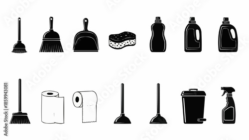 Collection of cleaning supplies and tools for household chores.