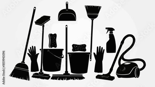 Collection of cleaning supplies and tools for household chores.