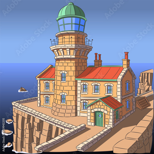 Lighthouse building on rocky coast illustration