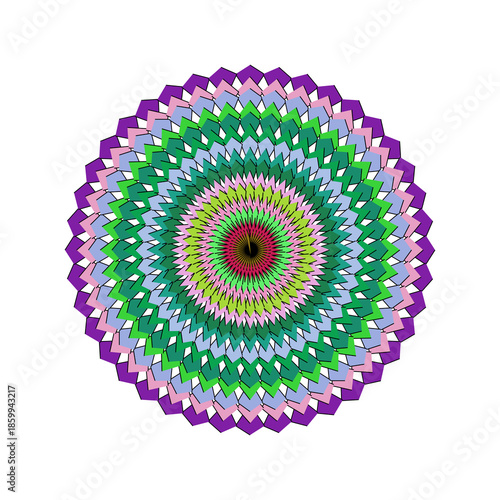Dense Multi-Colored Flower Mandala with Purple Border and Green Interior, Intricate Symmetric Pattern