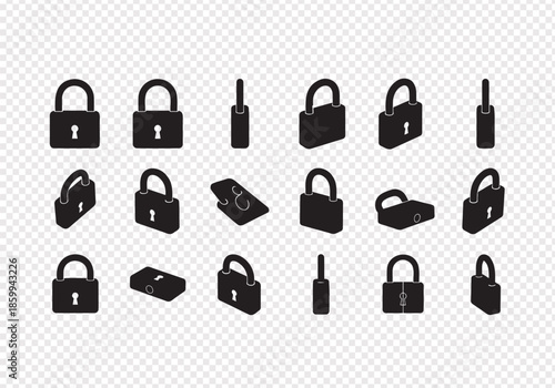 Collection of various padlock and lock icons isolated on transparent background