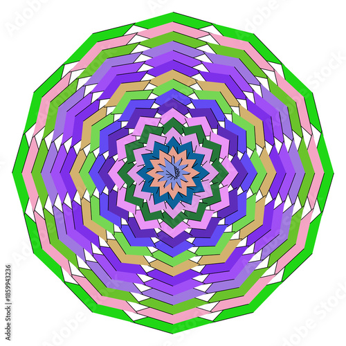 Geometric Chevron Mandala in Purple, Tan, and Green, Symmetric Circular Ornament Vector Design