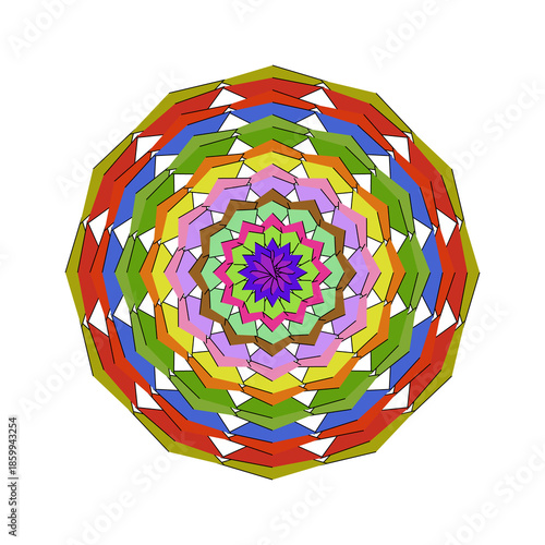 Rainbow Layered Chevron Mandala with Star Center, Vibrant Multi-Colored Symmetric Pattern on White