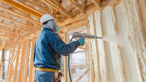Dedicated construction worker applying spray foam insulation to wall. Professional contractor, home renovation, energy efficiency, skilled labor concept