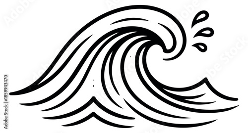 Hand drawn line art illustration of a breaking ocean wave depicting a cresting surge for marine and summer designs